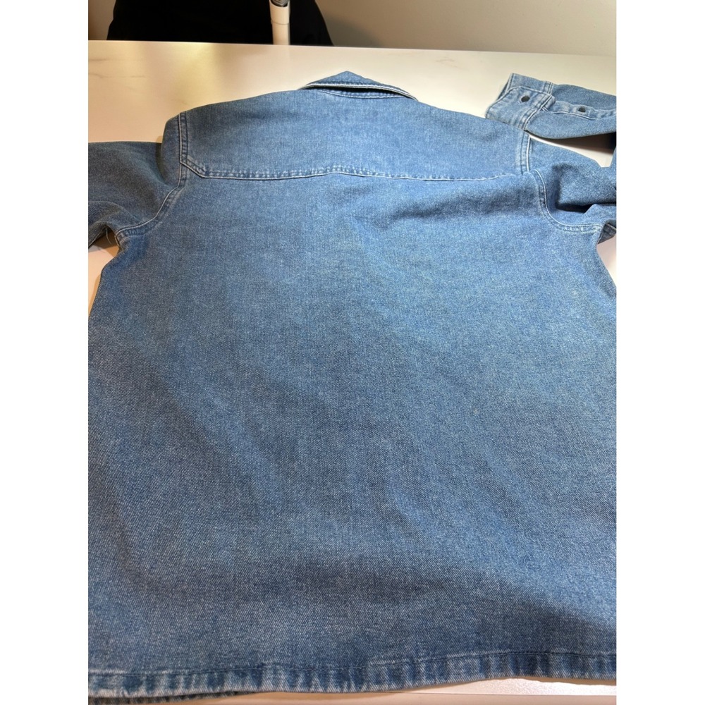 Wrangler Mens Denim Shirt Jacket Blue Cotton Button Up Elbow Patches Size Small - Picture 5 of 6
